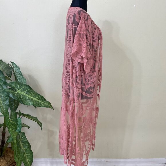 LC Lauren Conrad lace duster cardigan Womens OS Boho long line Rose color. - Picture 2 of 11